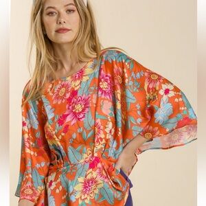 UMGEE + Women’s 1X Silky Bright Floral Kimono Sleeve Tropical Silky Peplum Top